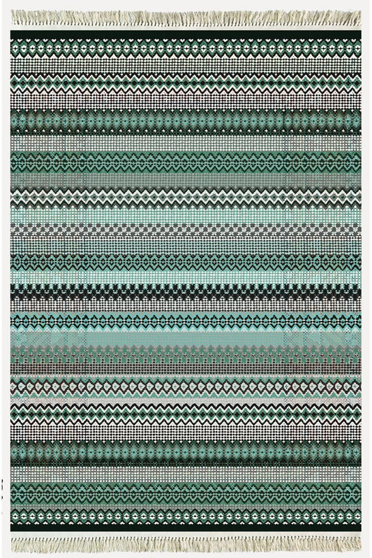 Cotton Kilim 21 Yeşil Zeminli Çizgili Desenli Dekoratif Yıkanabilen Dokuma Taban Kilim - HALI VAGONU