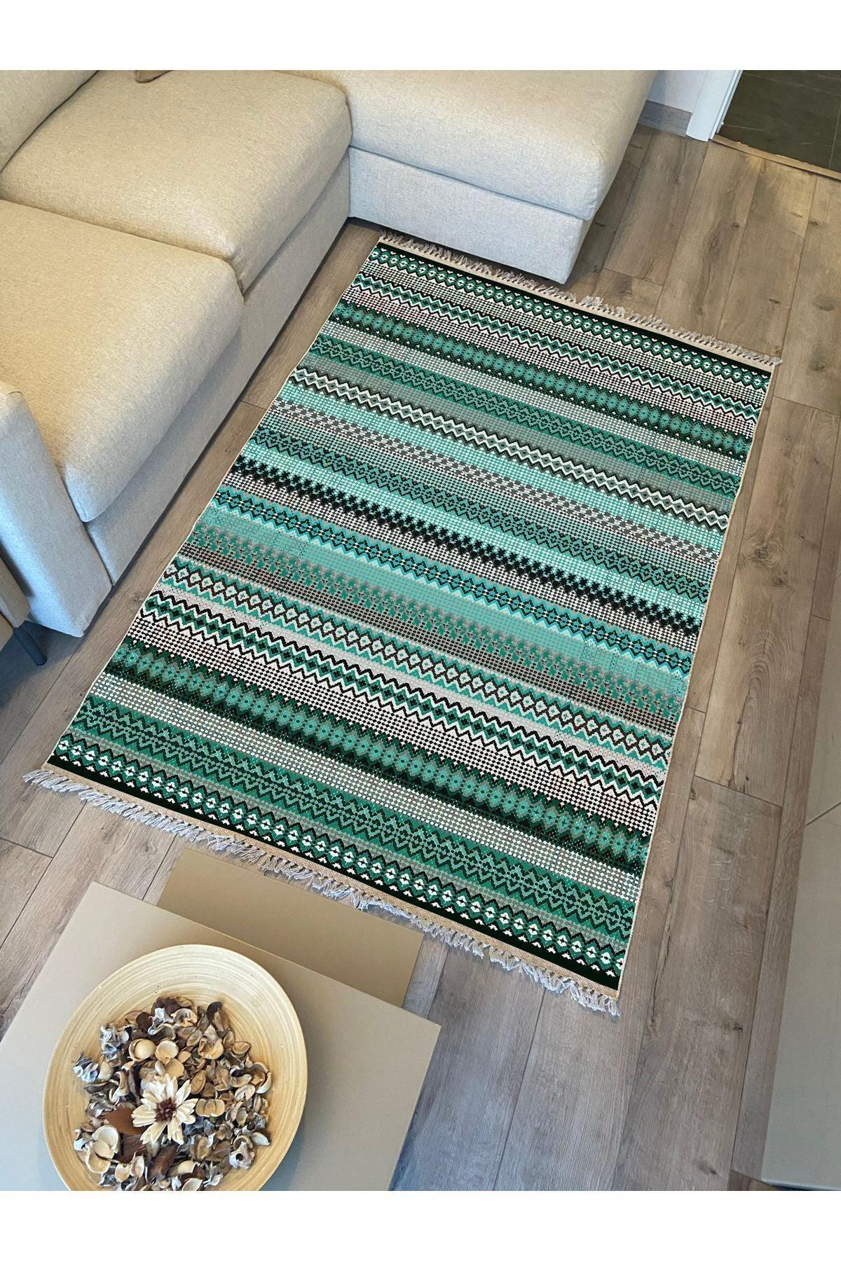 Cotton Kilim 21 Yeşil Zeminli Çizgili Desenli Dekoratif Yıkanabilen Dokuma Taban Kilim - HALI VAGONU