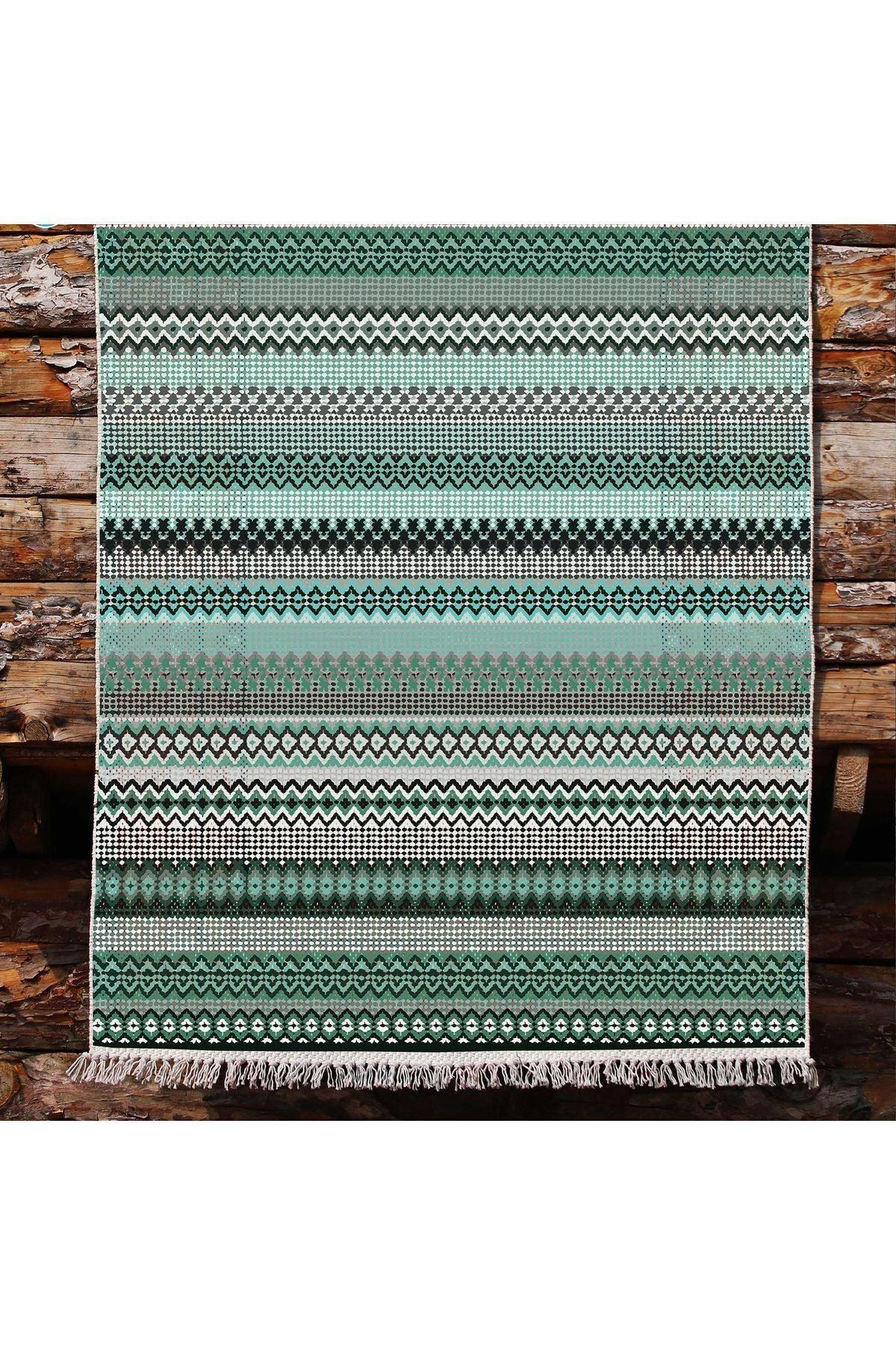 Cotton Kilim 21 Yeşil Zeminli Çizgili Desenli Dekoratif Yıkanabilen Dokuma Taban Kilim - HALI VAGONU