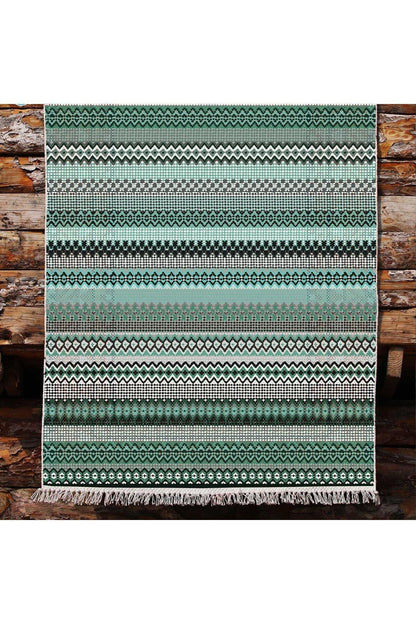 Cotton Kilim 21 Yeşil Zeminli Çizgili Desenli Dekoratif Yıkanabilen Dokuma Taban Kilim - HALI VAGONU