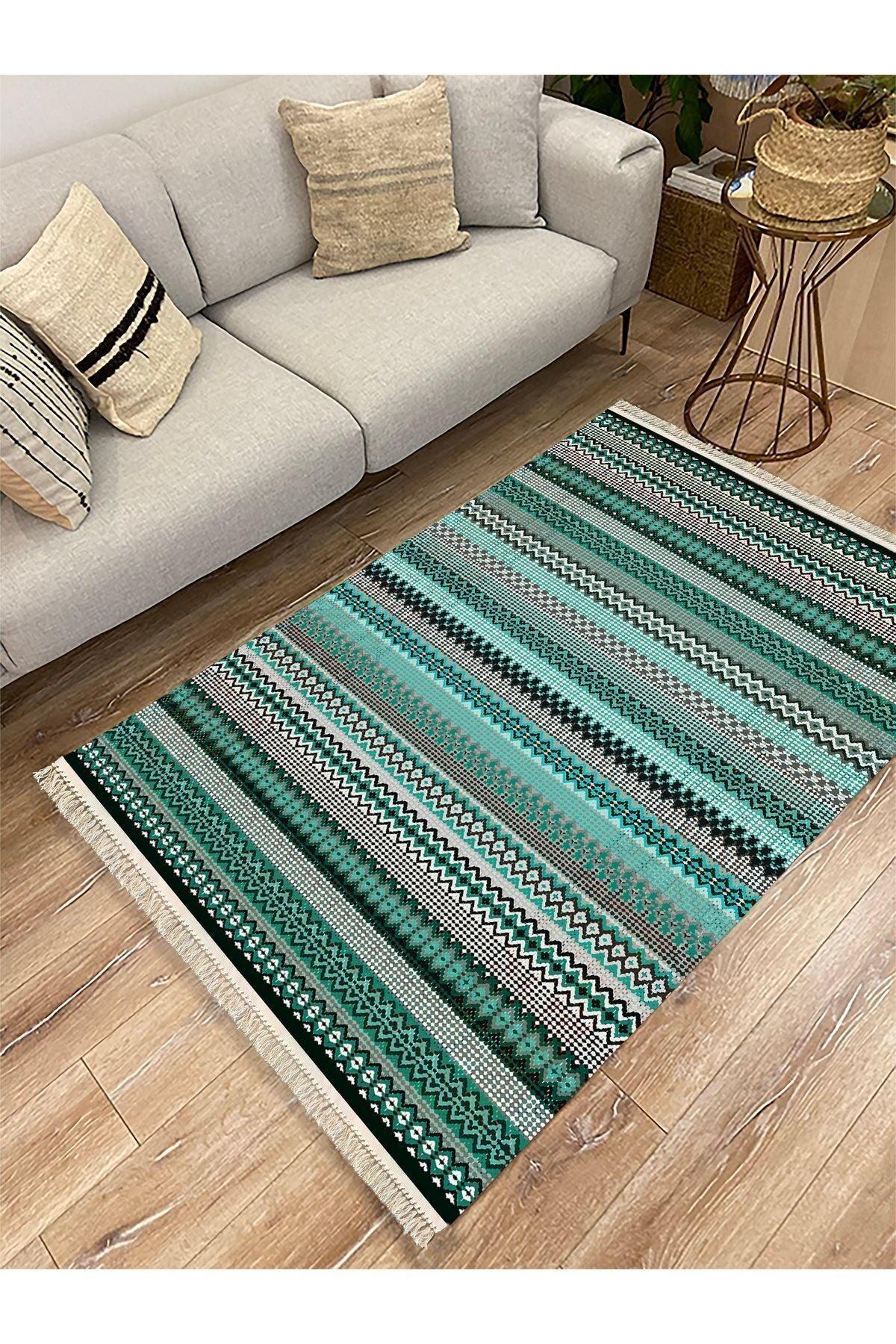 Cotton Kilim 21 Yeşil Zeminli Çizgili Desenli Dekoratif Yıkanabilen Dokuma Taban Kilim - HALI VAGONU