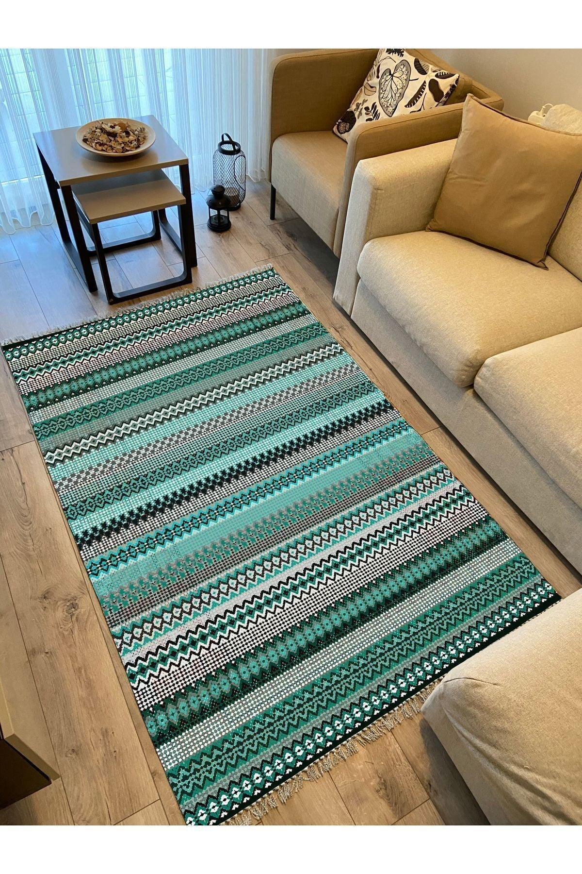 Cotton Kilim 21 Yeşil Zeminli Çizgili Desenli Dekoratif Yıkanabilen Dokuma Taban Kilim - HALI VAGONU