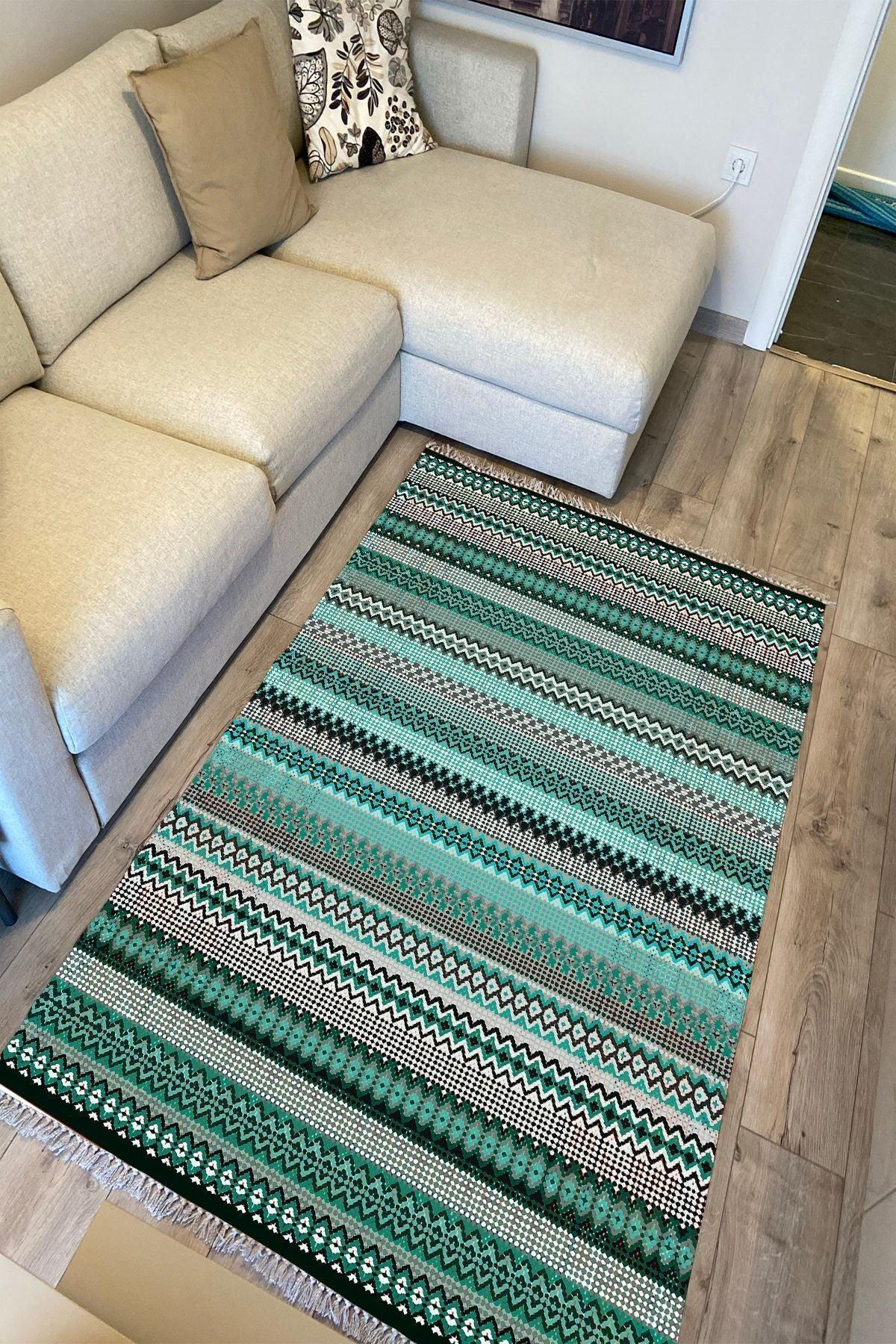 Cotton Kilim 21 Yeşil Zeminli Çizgili Desenli Dekoratif Yıkanabilen Dokuma Taban Kilim - HALI VAGONU