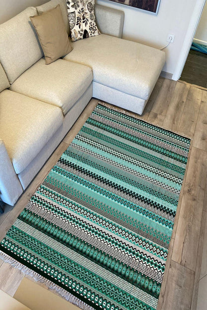 Cotton Kilim 21 Yeşil Zeminli Çizgili Desenli Dekoratif Yıkanabilen Dokuma Taban Kilim - HALI VAGONU