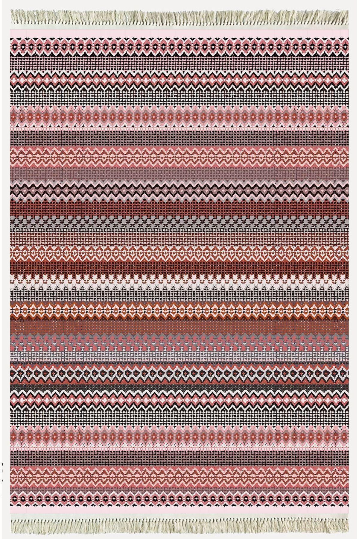 Cotton Kilim 22 Fuşya Zeminli Çizgili Desenli Dekoratif Yıkanabilen Dokuma Taban Kilim - HALI VAGONU
