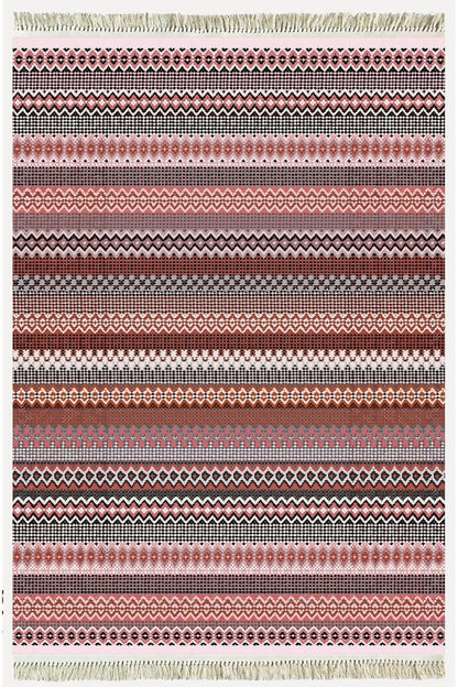 Cotton Kilim 22 Fuşya Zeminli Çizgili Desenli Dekoratif Yıkanabilen Dokuma Taban Kilim - HALI VAGONU