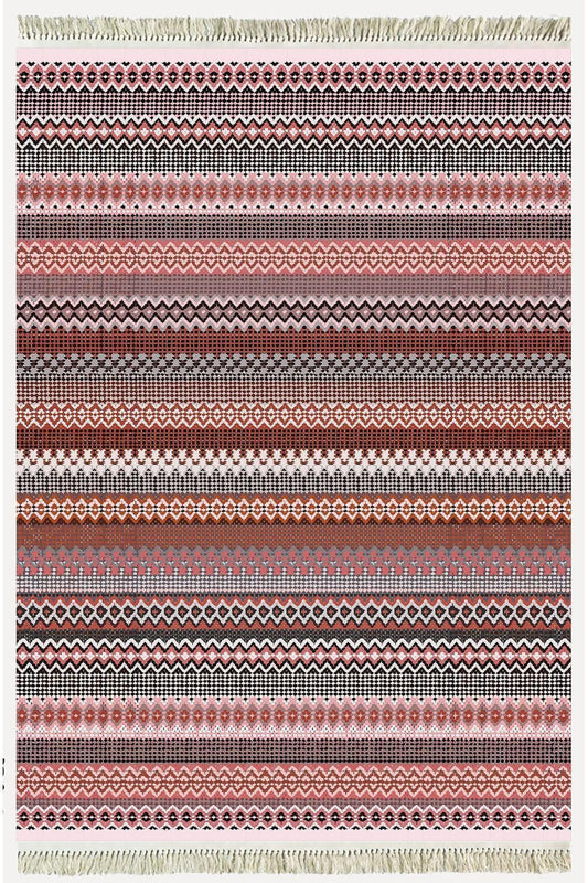 Cotton Kilim 22 Fuşya Zeminli Çizgili Desenli Dekoratif Yıkanabilen Dokuma Taban Kilim - HALI VAGONU