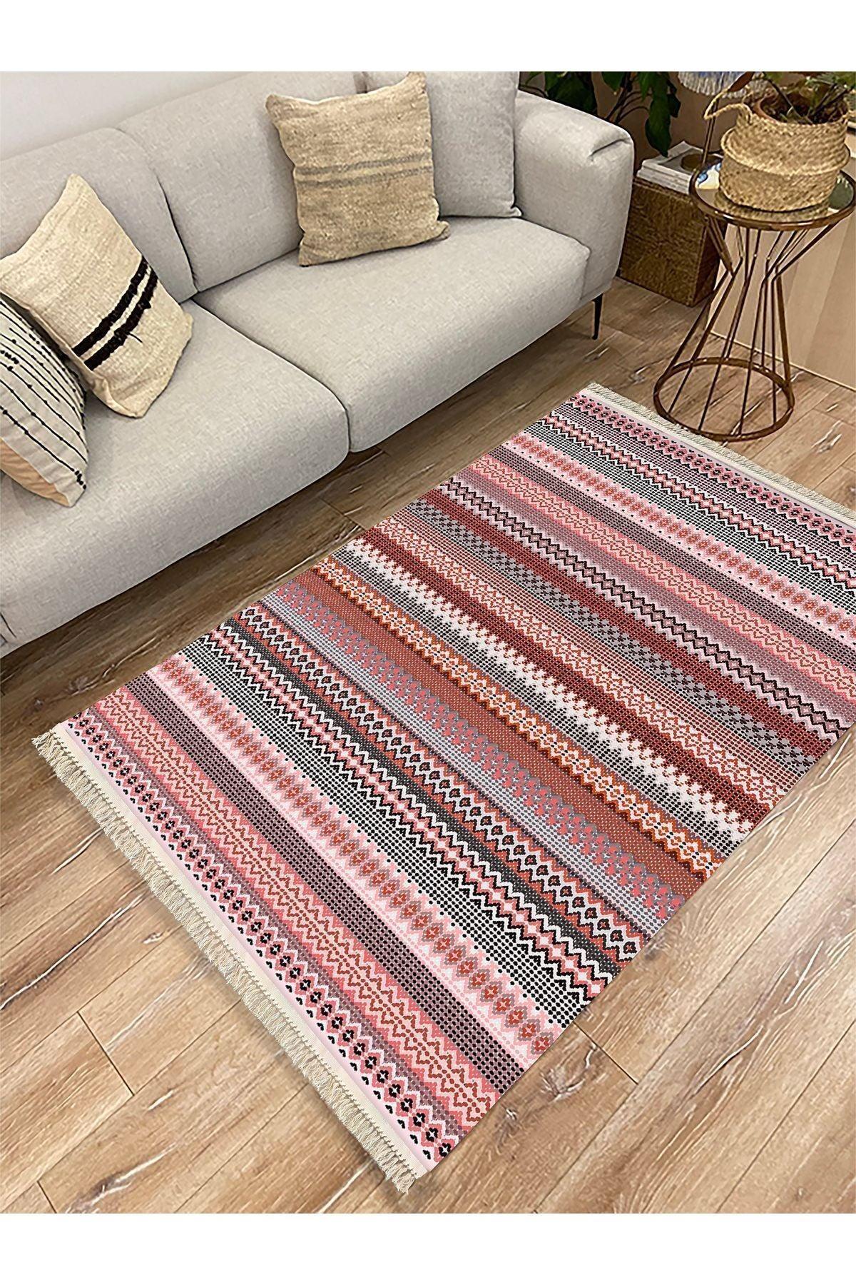 Cotton Kilim 22 Fuşya Zeminli Çizgili Desenli Dekoratif Yıkanabilen Dokuma Taban Kilim - HALI VAGONU