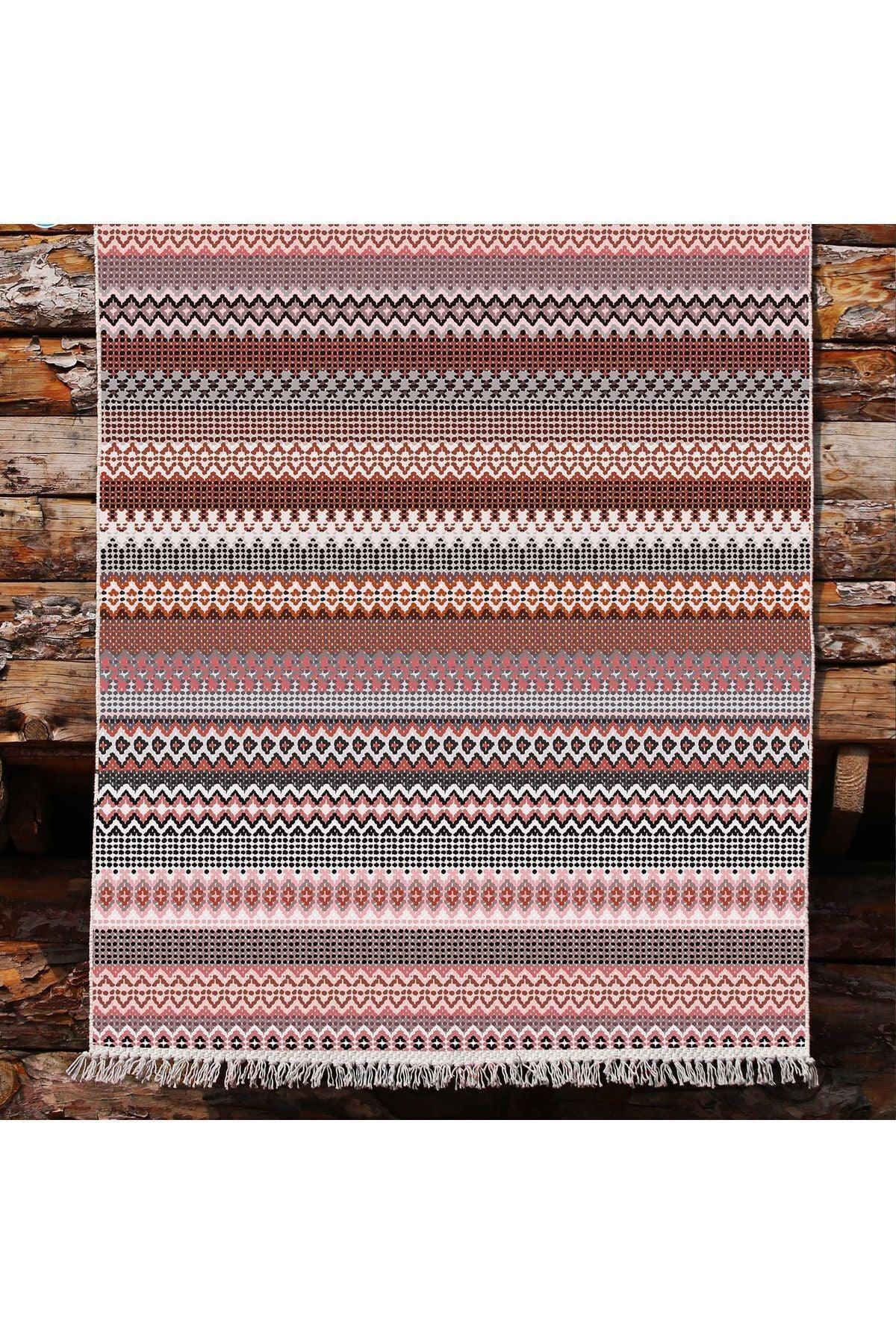 Cotton Kilim 22 Fuşya Zeminli Çizgili Desenli Dekoratif Yıkanabilen Dokuma Taban Kilim - HALI VAGONU