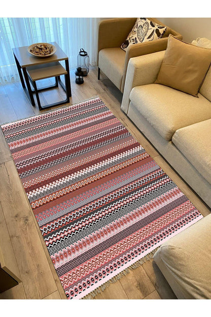 Cotton Kilim 22 Fuşya Zeminli Çizgili Desenli Dekoratif Yıkanabilen Dokuma Taban Kilim - HALI VAGONU
