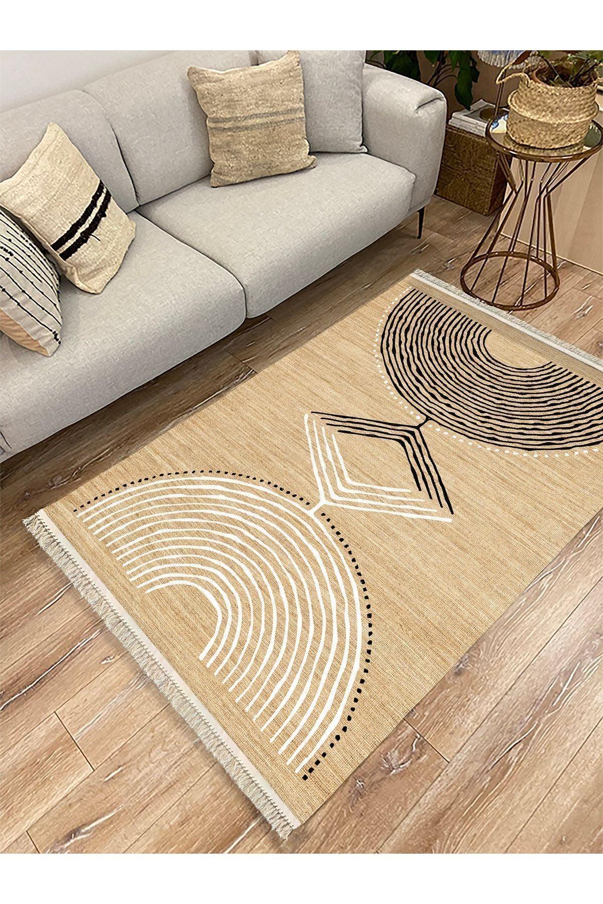 Cotton Kilim 23 Jut Zeminli Çizgili Desenli Dekoratif Yıkanabilen Dokuma Taban Kilim - HALI VAGONU