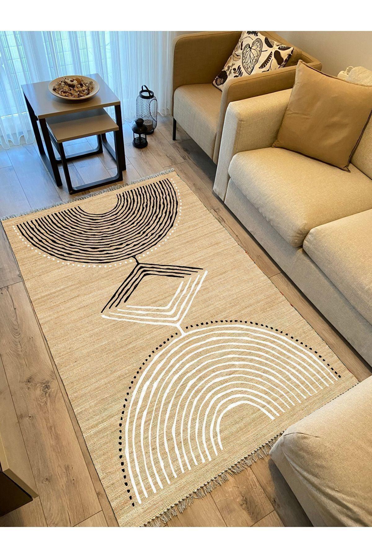 Cotton Kilim 23 Jut Zeminli Çizgili Desenli Dekoratif Yıkanabilen Dokuma Taban Kilim - HALI VAGONU