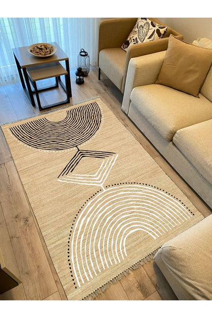 Cotton Kilim 23 Jut Zeminli Çizgili Desenli Dekoratif Yıkanabilen Dokuma Taban Kilim - HALI VAGONU