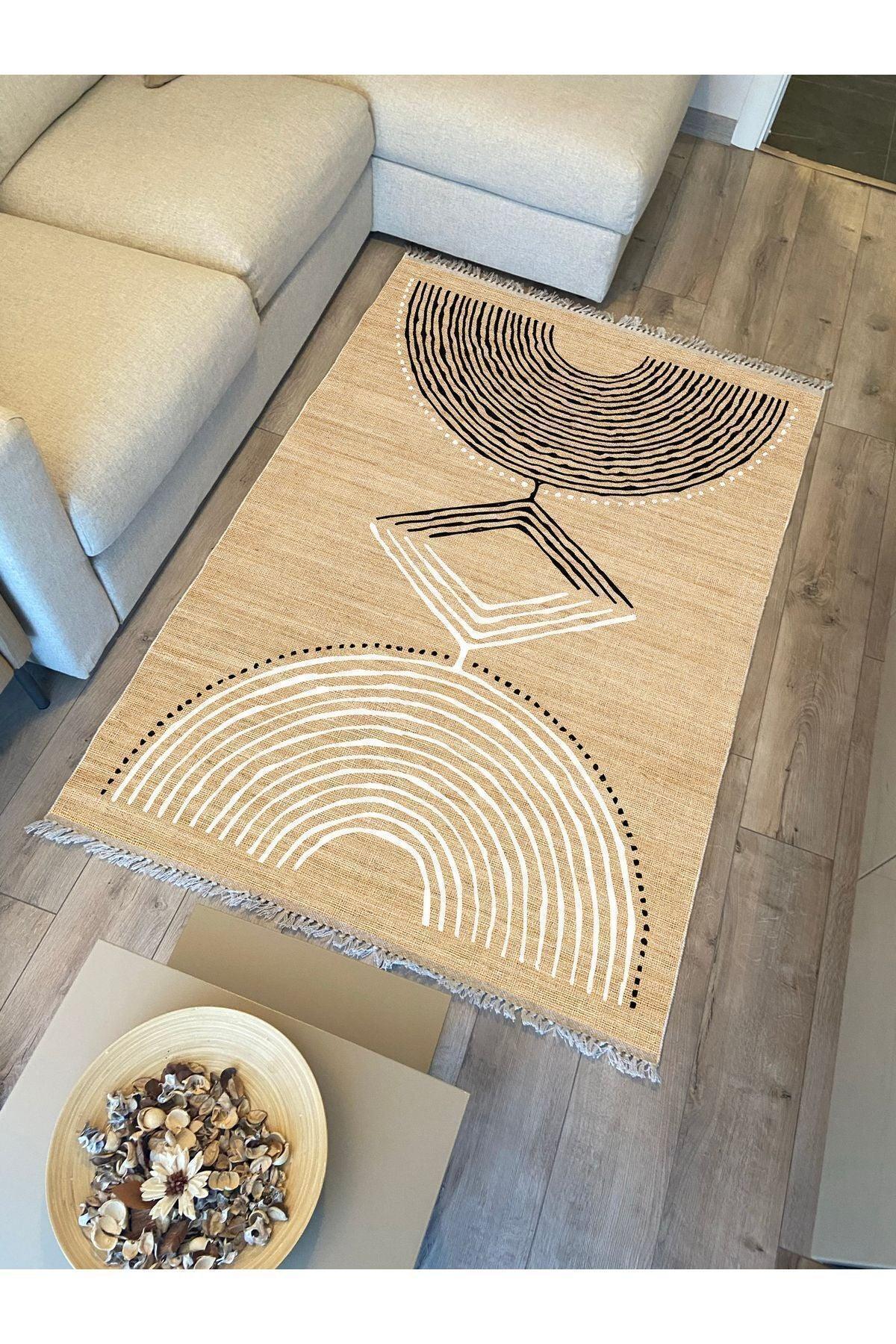 Cotton Kilim 23 Jut Zeminli Çizgili Desenli Dekoratif Yıkanabilen Dokuma Taban Kilim - HALI VAGONU