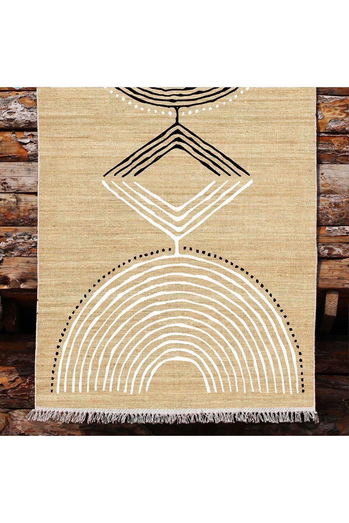 Cotton Kilim 23 Jut Zeminli Çizgili Desenli Dekoratif Yıkanabilen Dokuma Taban Kilim - HALI VAGONU