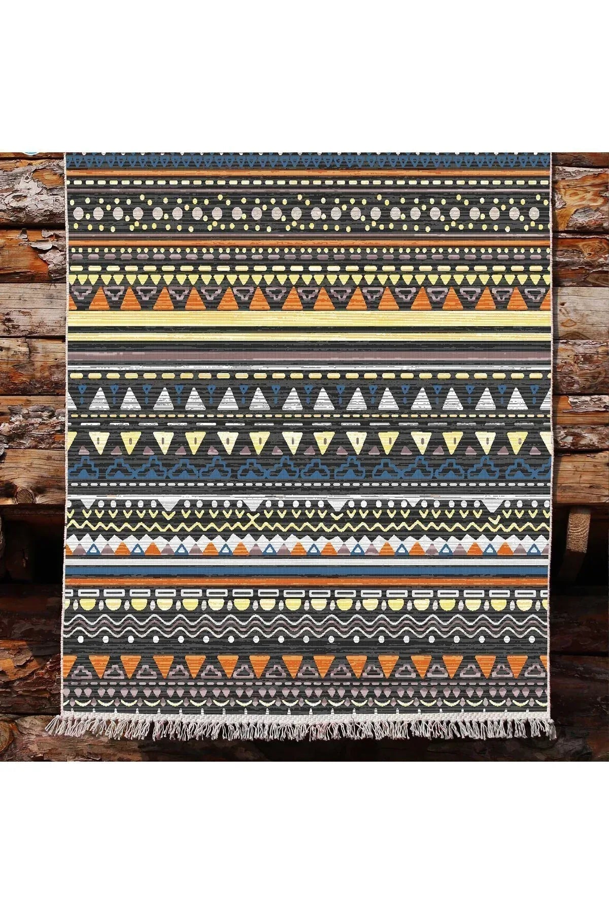 Cotton Kilim 24 Çok Renkli Geleneksel Motif Çizgili Desenli Dekoratif Yıkanabilen Dokuma Taban Kilim - HALI VAGONU
