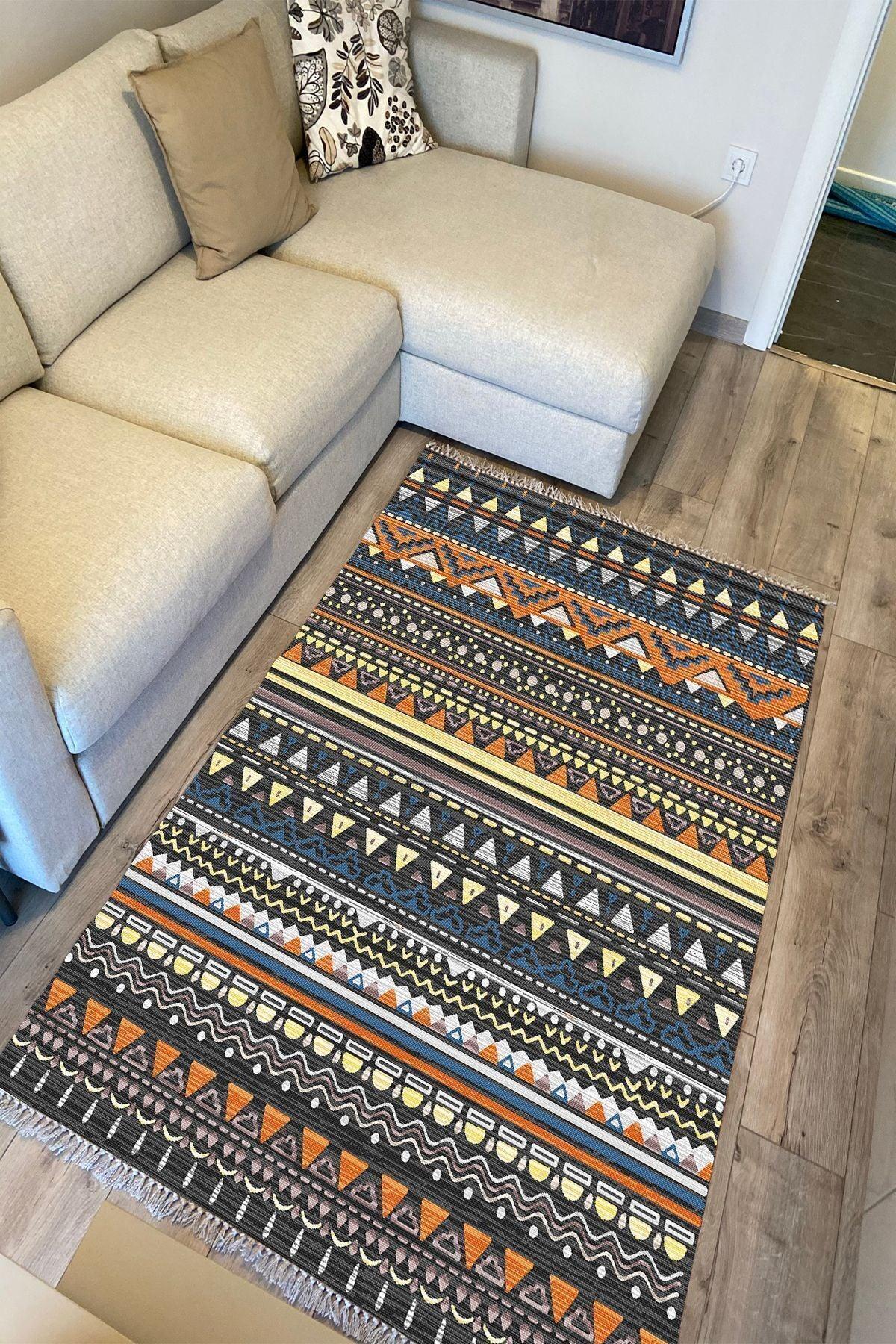 Cotton Kilim 24 Çok Renkli Geleneksel Motif Çizgili Desenli Dekoratif Yıkanabilen Dokuma Taban Kilim - HALI VAGONU