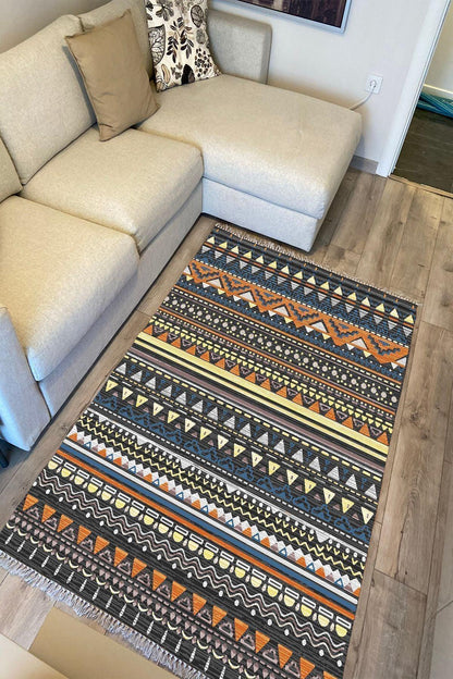 Cotton Kilim 24 Çok Renkli Geleneksel Motif Çizgili Desenli Dekoratif Yıkanabilen Dokuma Taban Kilim - HALI VAGONU