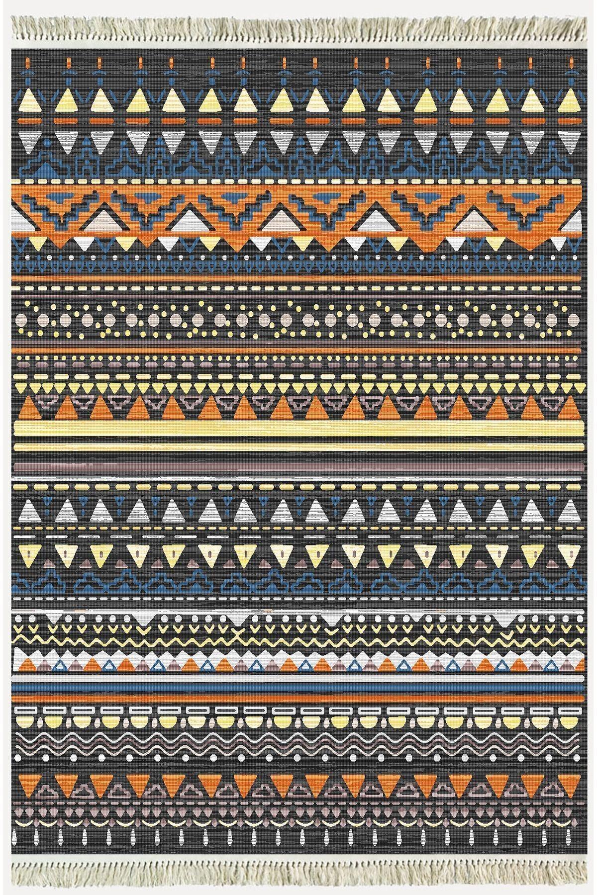 Cotton Kilim 24 Çok Renkli Geleneksel Motif Çizgili Desenli Dekoratif Yıkanabilen Dokuma Taban Kilim - HALI VAGONU