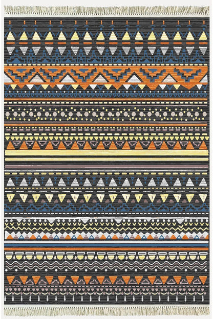 Cotton Kilim 24 Çok Renkli Geleneksel Motif Çizgili Desenli Dekoratif Yıkanabilen Dokuma Taban Kilim - HALI VAGONU