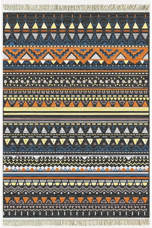 Cotton Kilim 24 Çok Renkli Geleneksel Motif Çizgili Desenli Dekoratif Yıkanabilen Dokuma Taban Kilim - HALI VAGONU
