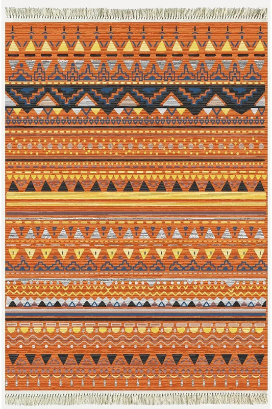 Cotton Kilim 25 Çok Renkli Geleneksel Motif Çizgili Desenli Dekoratif Yıkanabilen Dokuma Taban Kilim - HALI VAGONU