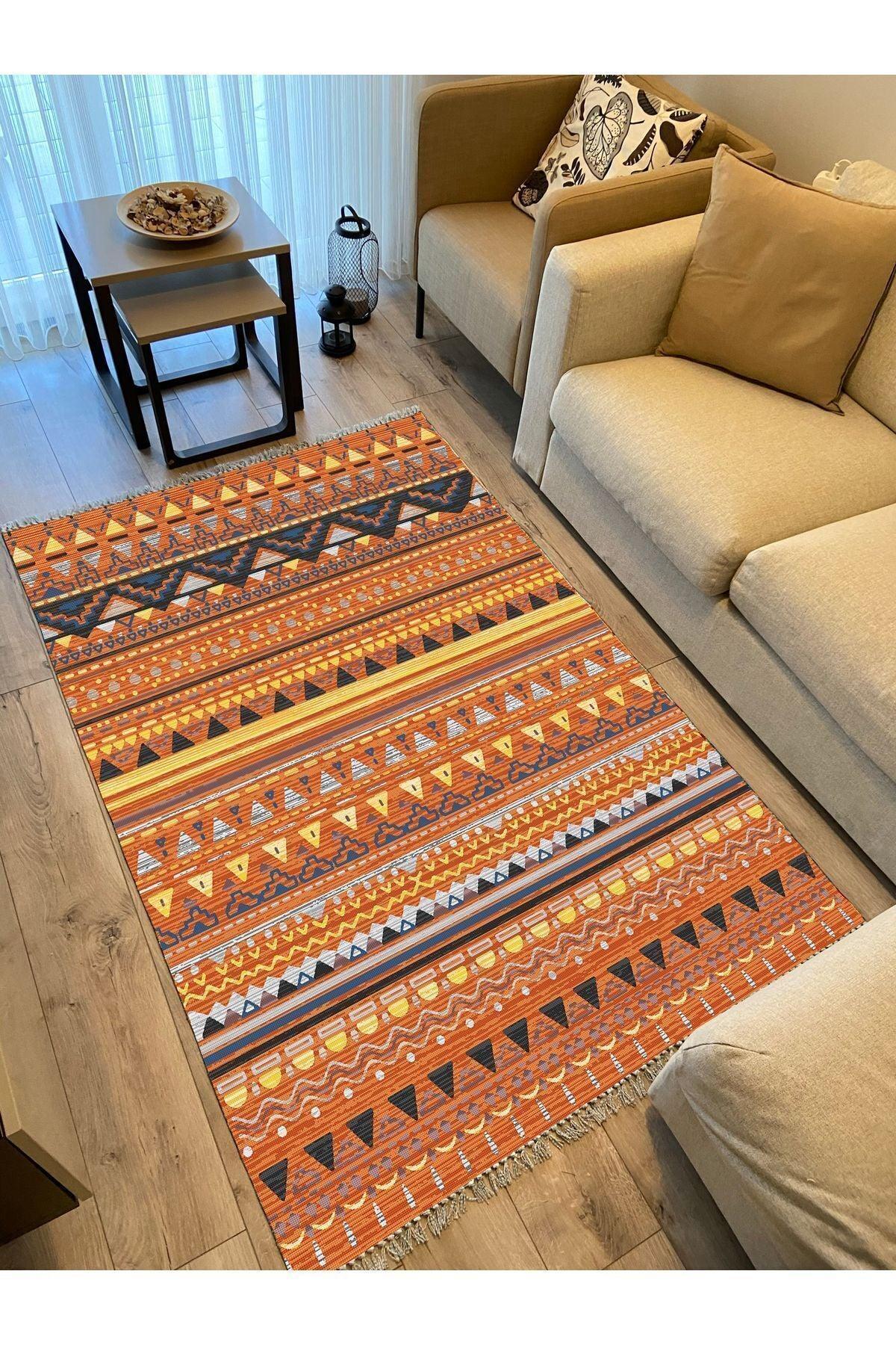 Cotton Kilim 25 Çok Renkli Geleneksel Motif Çizgili Desenli Dekoratif Yıkanabilen Dokuma Taban Kilim - HALI VAGONU