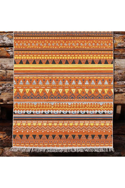 Cotton Kilim 25 Çok Renkli Geleneksel Motif Çizgili Desenli Dekoratif Yıkanabilen Dokuma Taban Kilim - HALI VAGONU