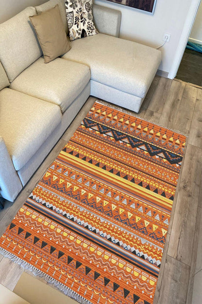 Cotton Kilim 25 Çok Renkli Geleneksel Motif Çizgili Desenli Dekoratif Yıkanabilen Dokuma Taban Kilim - HALI VAGONU