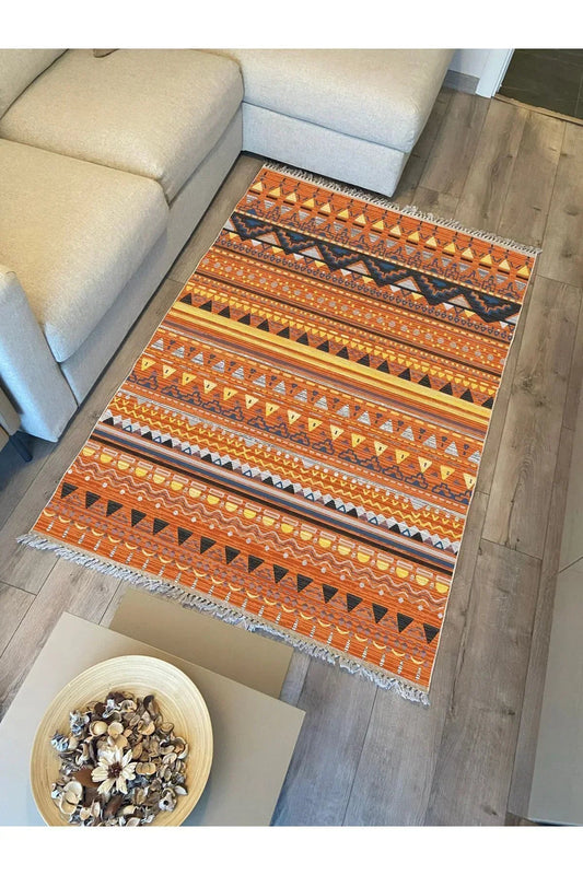 Cotton Kilim 25 Çok Renkli Geleneksel Motif Çizgili Desenli Dekoratif Yıkanabilen Dokuma Taban Kilim - HALI VAGONU