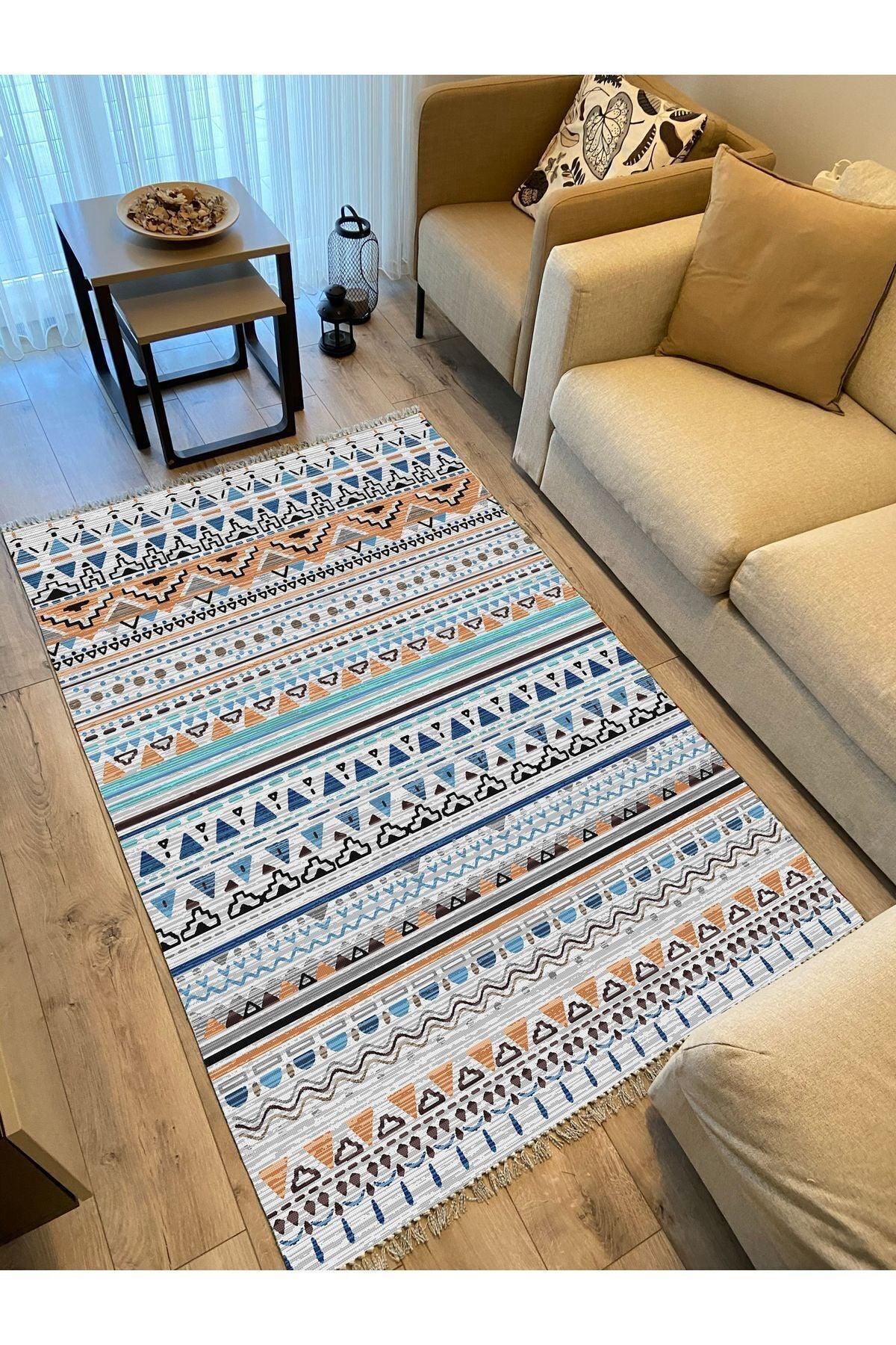 Cotton Kilim 26 Multi Geleneksel Motif Çizgili Desenli Dekoratif Yıkanabilen Dokuma Taban Kilim - HALI VAGONU