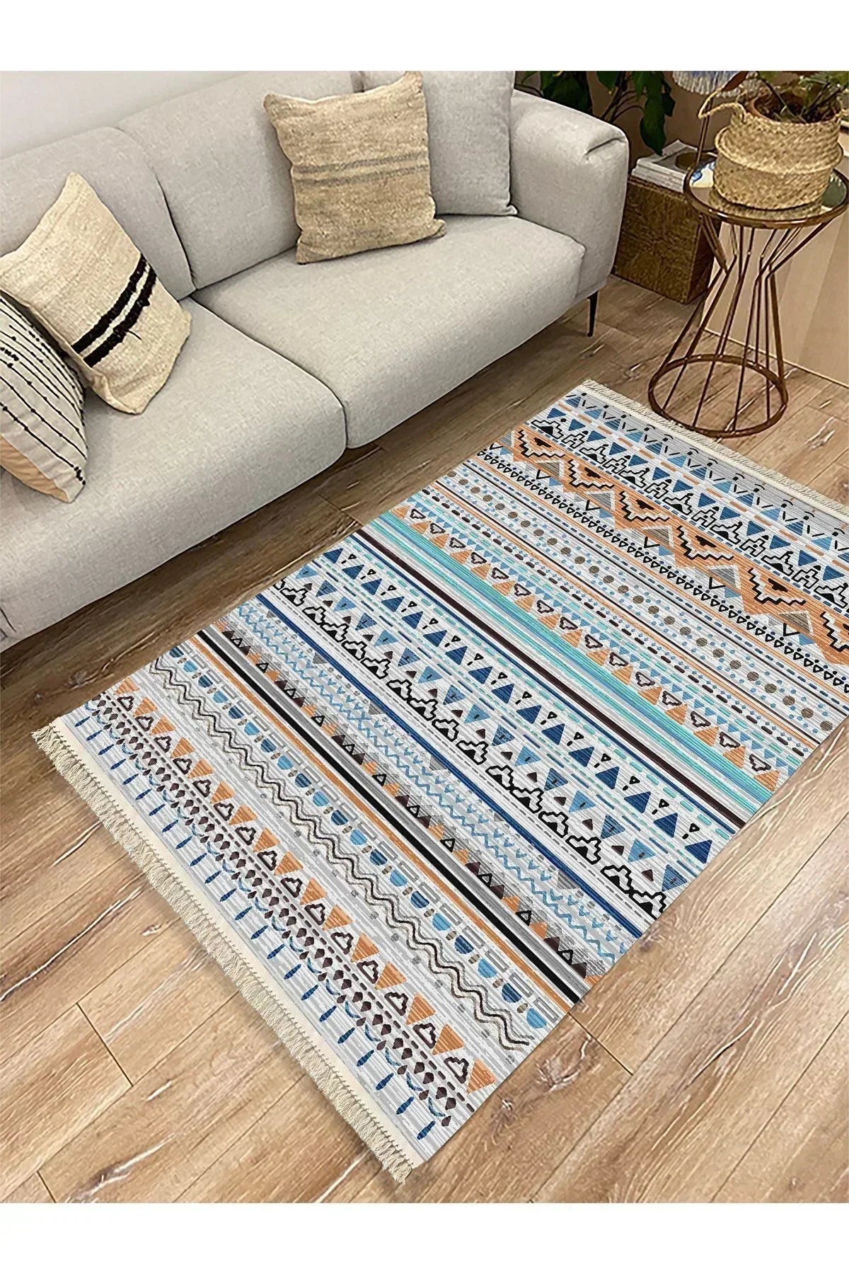 Cotton Kilim 26 Multi Geleneksel Motif Çizgili Desenli Dekoratif Yıkanabilen Dokuma Taban Kilim - HALI VAGONU