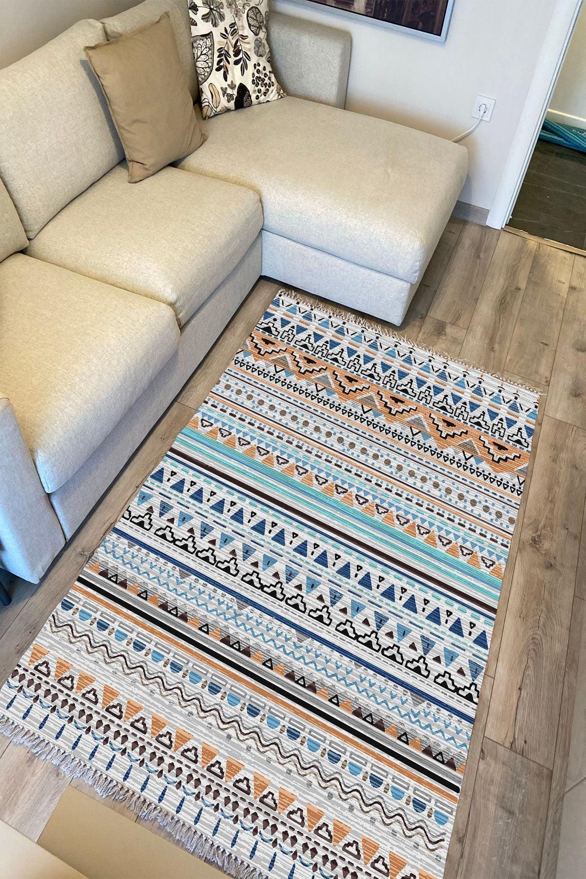 Cotton Kilim 26 Multi Geleneksel Motif Çizgili Desenli Dekoratif Yıkanabilen Dokuma Taban Kilim - HALI VAGONU