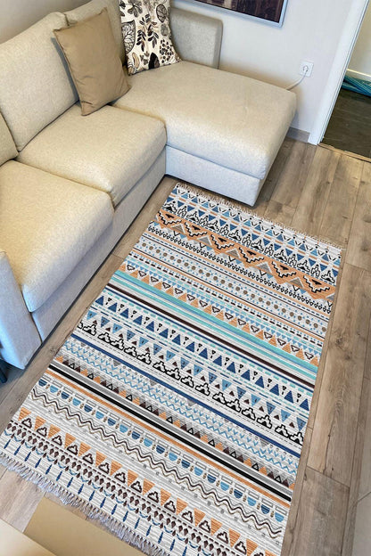 Cotton Kilim 26 Multi Geleneksel Motif Çizgili Desenli Dekoratif Yıkanabilen Dokuma Taban Kilim - HALI VAGONU