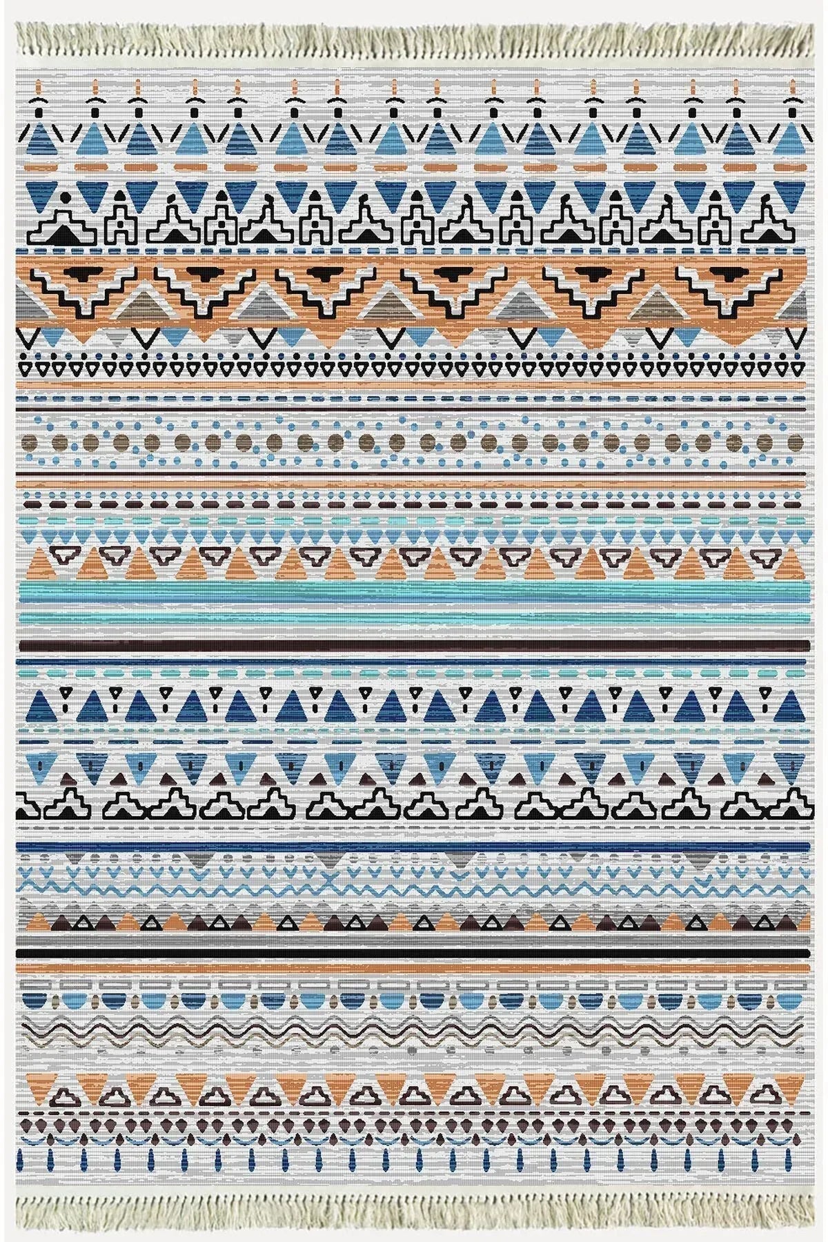 Cotton Kilim 26 Multi Geleneksel Motif Çizgili Desenli Dekoratif Yıkanabilen Dokuma Taban Kilim - HALI VAGONU