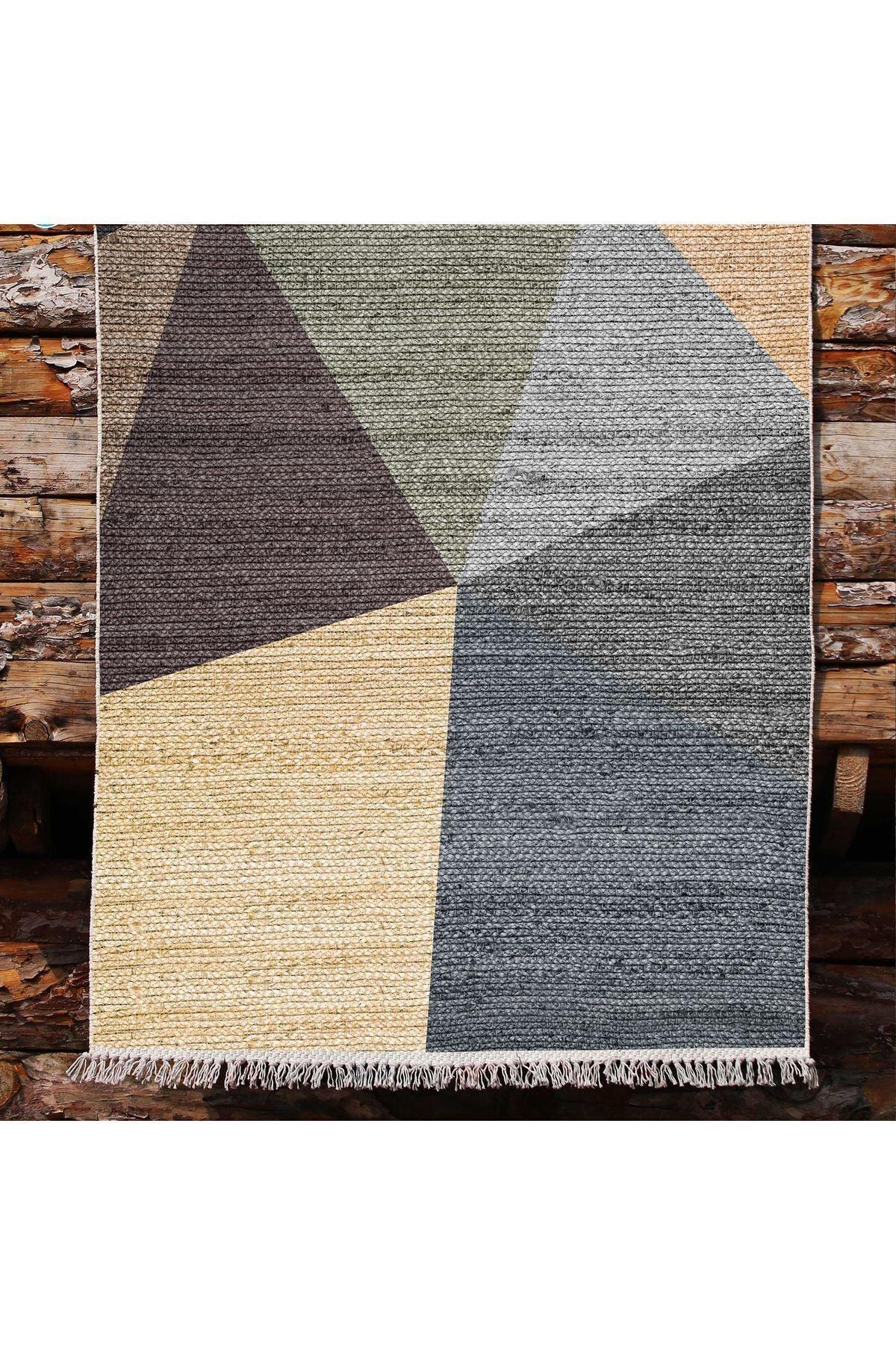 Cotton Kilim 27 Çok Renkli Geleneksel Motif Çizgili Desenli Dekoratif Yıkanabilen Dokuma Taban Kilim - HALI VAGONU
