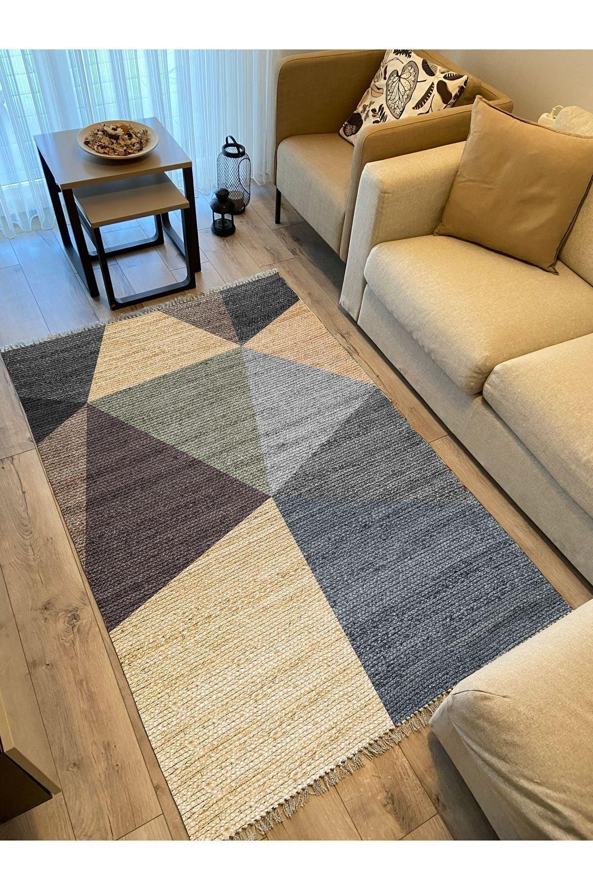 Cotton Kilim 27 Çok Renkli Geleneksel Motif Çizgili Desenli Dekoratif Yıkanabilen Dokuma Taban Kilim - HALI VAGONU