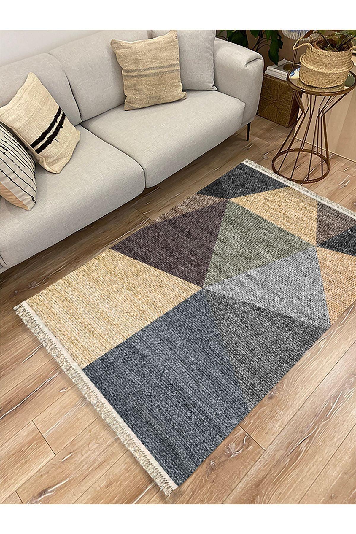 Cotton Kilim 27 Çok Renkli Geleneksel Motif Çizgili Desenli Dekoratif Yıkanabilen Dokuma Taban Kilim - HALI VAGONU