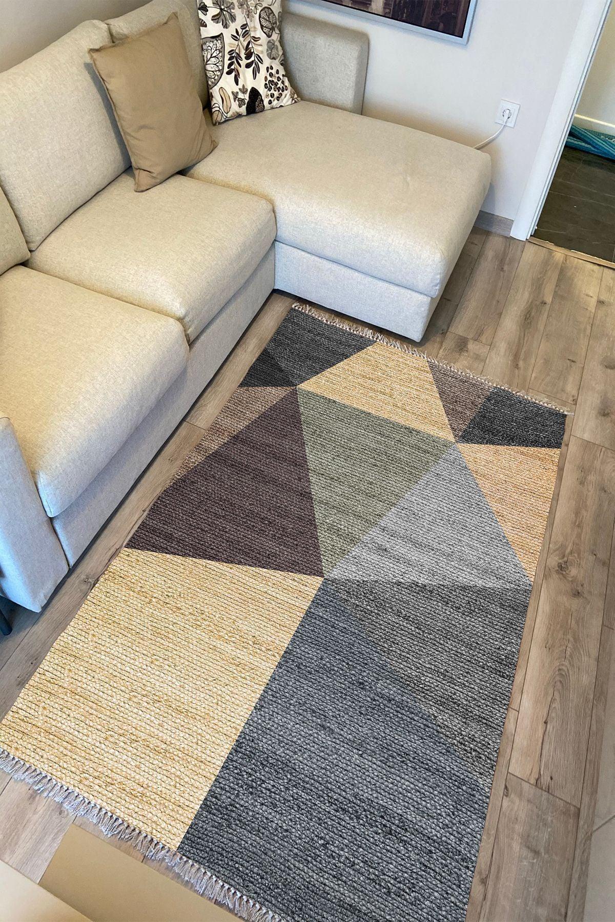 Cotton Kilim 27 Çok Renkli Geleneksel Motif Çizgili Desenli Dekoratif Yıkanabilen Dokuma Taban Kilim - HALI VAGONU