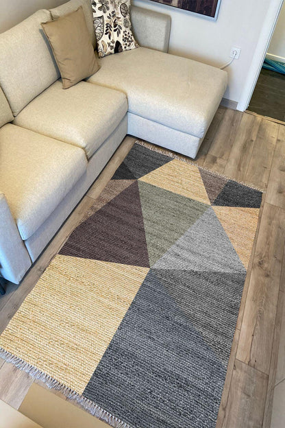 Cotton Kilim 27 Çok Renkli Geleneksel Motif Çizgili Desenli Dekoratif Yıkanabilen Dokuma Taban Kilim - HALI VAGONU