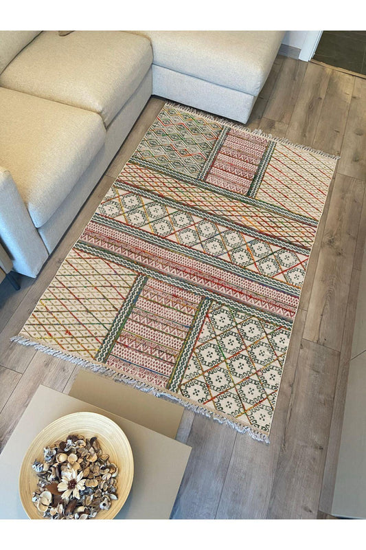 Cotton Kilim 29 Çok Renkli Geleneksel Motif Çizgili Desenli Dekoratif Yıkanabilen Dokuma Taban Kilim - HALI VAGONU