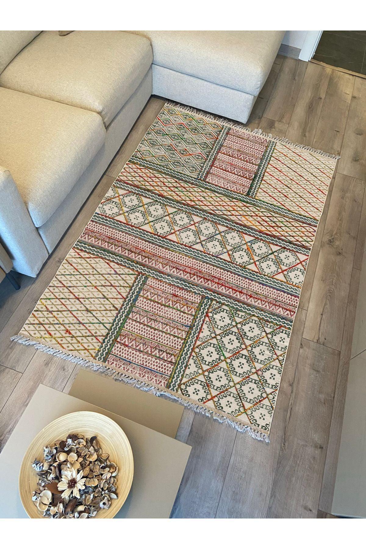 Cotton Kilim 29 Çok Renkli Geleneksel Motif Çizgili Desenli Dekoratif Yıkanabilen Dokuma Taban Kilim - HALI VAGONU