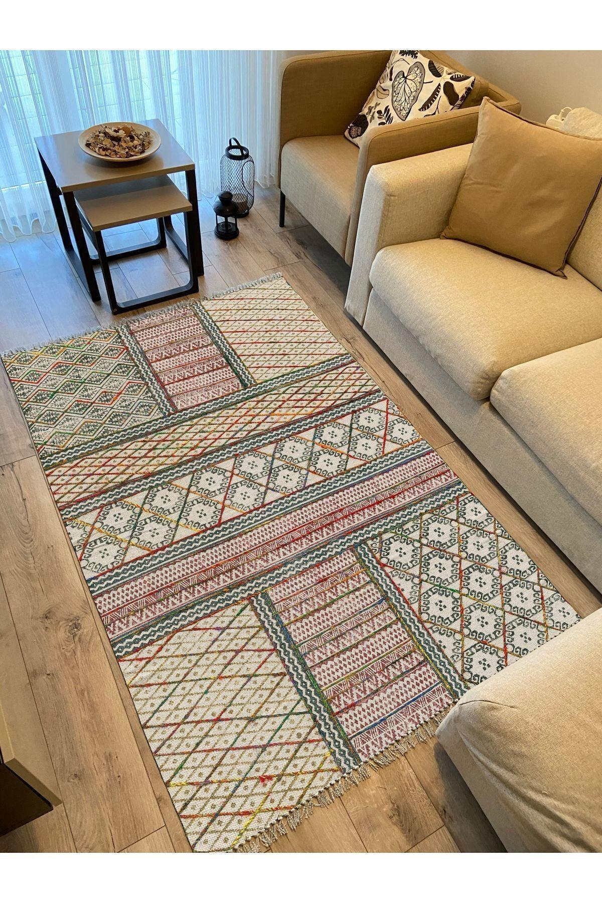 Cotton Kilim 29 Çok Renkli Geleneksel Motif Çizgili Desenli Dekoratif Yıkanabilen Dokuma Taban Kilim - HALI VAGONU