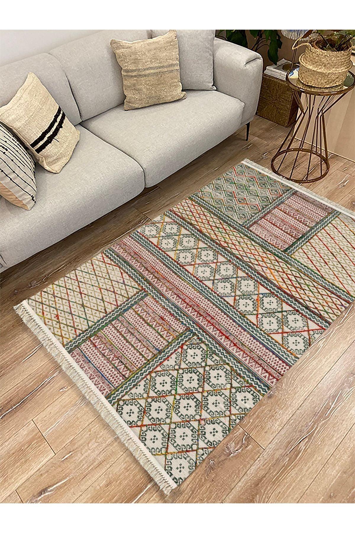 Cotton Kilim 29 Çok Renkli Geleneksel Motif Çizgili Desenli Dekoratif Yıkanabilen Dokuma Taban Kilim - HALI VAGONU