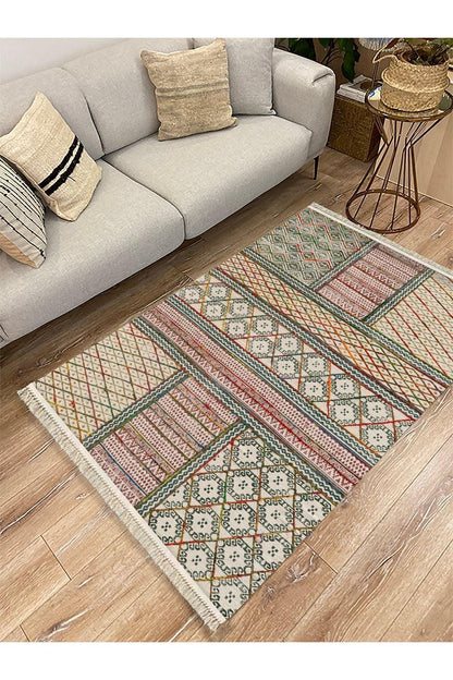 Cotton Kilim 29 Çok Renkli Geleneksel Motif Çizgili Desenli Dekoratif Yıkanabilen Dokuma Taban Kilim - HALI VAGONU