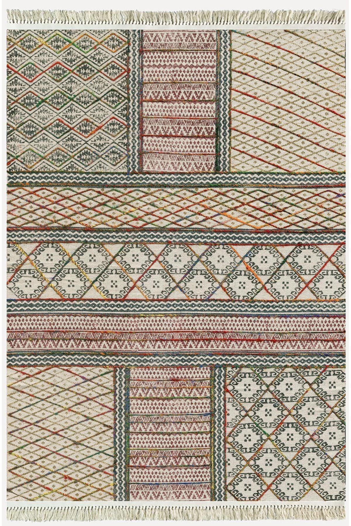 Cotton Kilim 29 Çok Renkli Geleneksel Motif Çizgili Desenli Dekoratif Yıkanabilen Dokuma Taban Kilim - HALI VAGONU