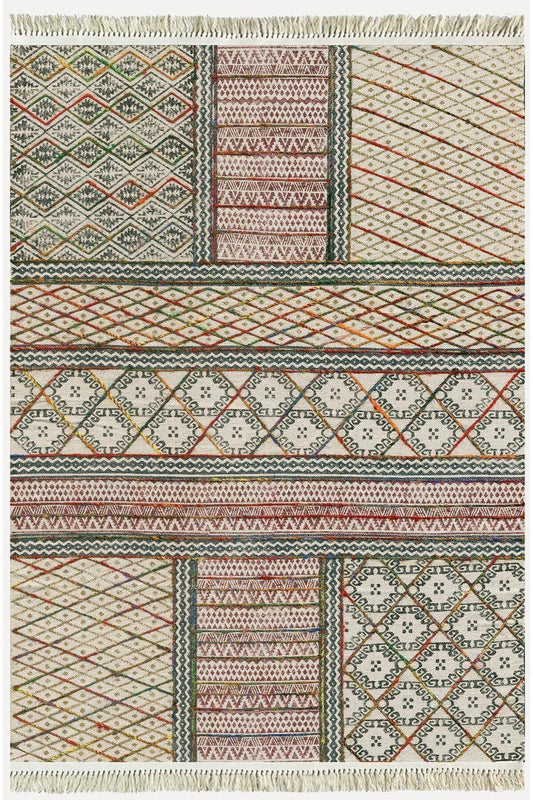 Cotton Kilim 29 Çok Renkli Geleneksel Motif Çizgili Desenli Dekoratif Yıkanabilen Dokuma Taban Kilim - HALI VAGONU