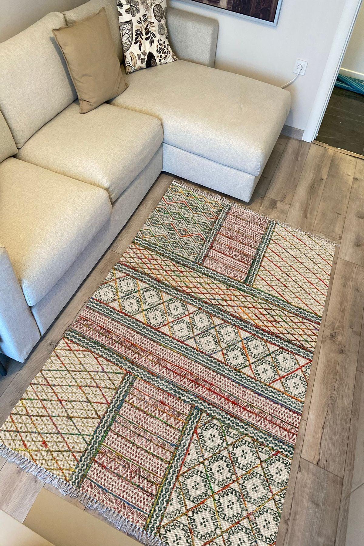 Cotton Kilim 29 Çok Renkli Geleneksel Motif Çizgili Desenli Dekoratif Yıkanabilen Dokuma Taban Kilim - HALI VAGONU