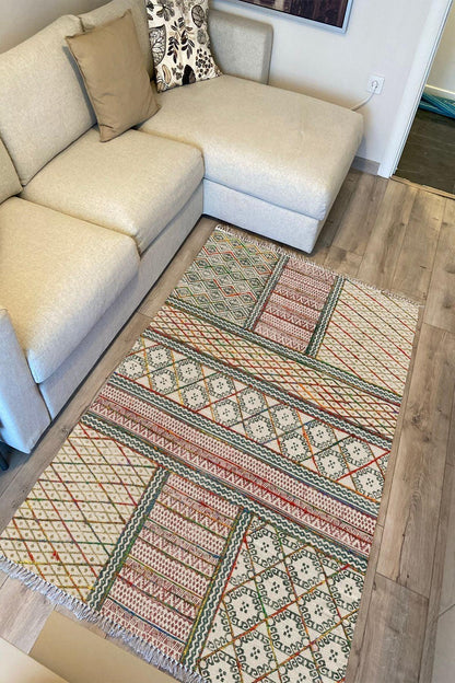 Cotton Kilim 29 Çok Renkli Geleneksel Motif Çizgili Desenli Dekoratif Yıkanabilen Dokuma Taban Kilim - HALI VAGONU