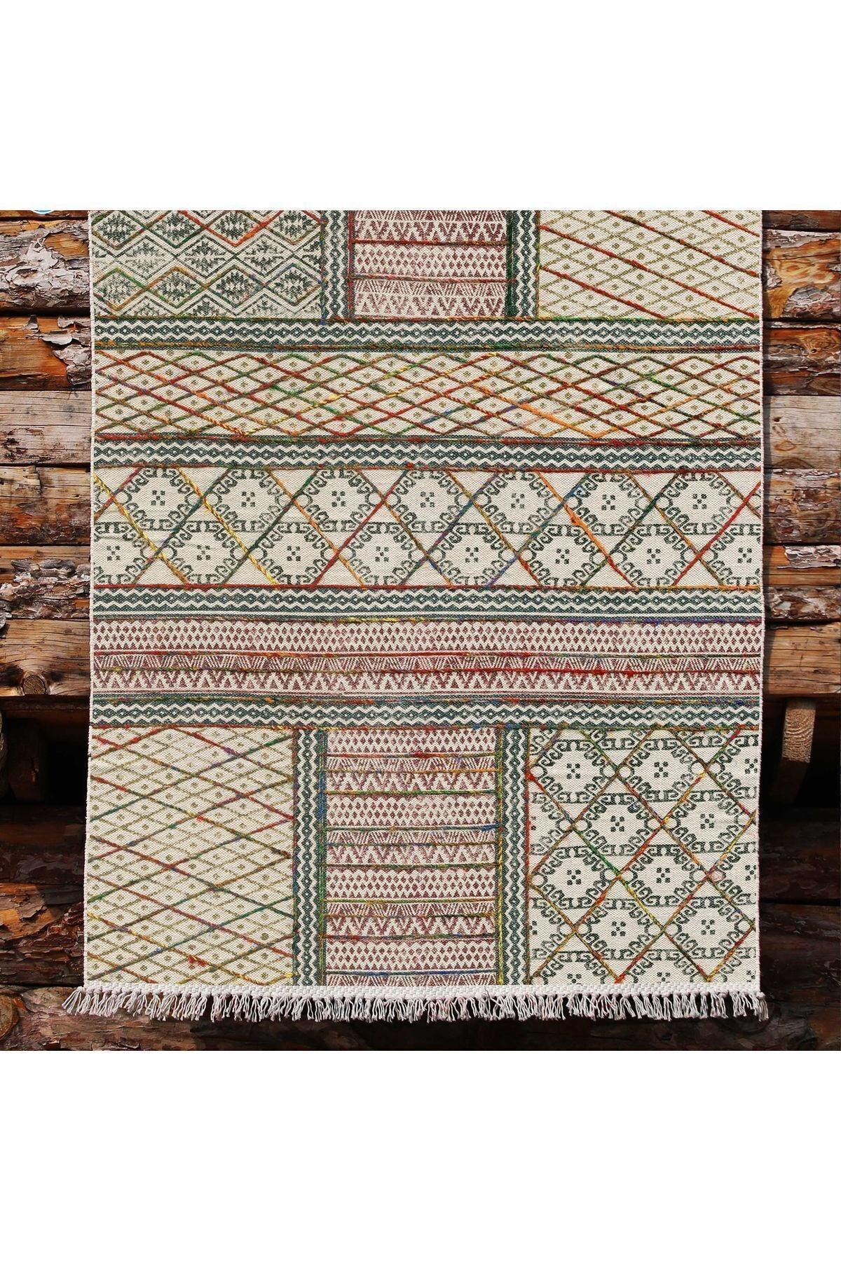 Cotton Kilim 29 Çok Renkli Geleneksel Motif Çizgili Desenli Dekoratif Yıkanabilen Dokuma Taban Kilim - HALI VAGONU